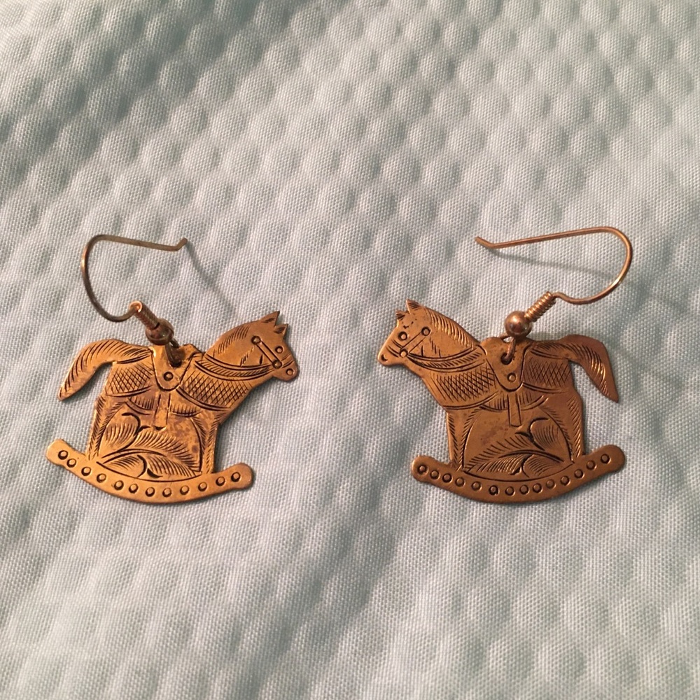 Vintage Brass or Copper Christmas Rocking Horse Etched Earrings